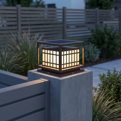 Deck Square Modern Post Light - Brown Stainless Steel and PC Lantern in 9 x 9 x 7 or 24 x 24 x 19 Inch Sizes, Solar or Hardwired Power