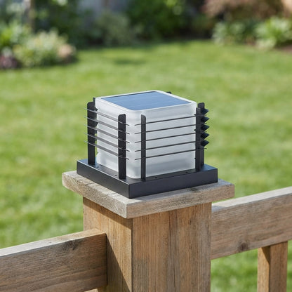 Fence Modern Square Post Light - Carbonized Steel and Acrylic Cap Light in Metal, Gray or Black Fence Finishes, Solar or Hardwired