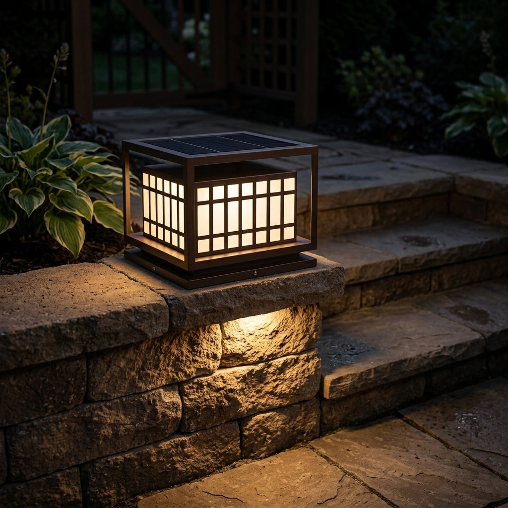 Deck Square Modern Post Light - Brown Stainless Steel and PC Lantern in 9 x 9 x 7 or 24 x 24 x 19 Inch Sizes, Solar or Hardwired Power