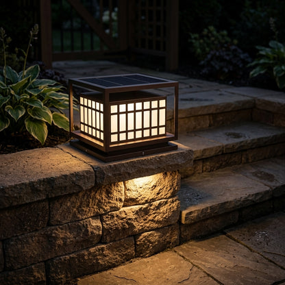 Deck Square Modern Post Light - Brown Stainless Steel and PC Lantern in 9 x 9 x 7 or 24 x 24 x 19 Inch Sizes, Solar or Hardwired Power