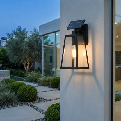 Porch Rustic Trapezoid Wall Light - Black Die-Cast Aluminum and Glass Farmhouse Sconce, Solar or Hardwired, Single to 8-Pack for Porches