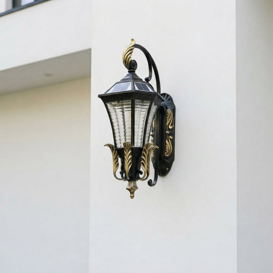Vintage Hexagonal Solar Wall Light - Black Die-Cast Aluminum and Glass Hex Lantern for Porch, Patio and Courtyard, Single to 8-Pack Sets