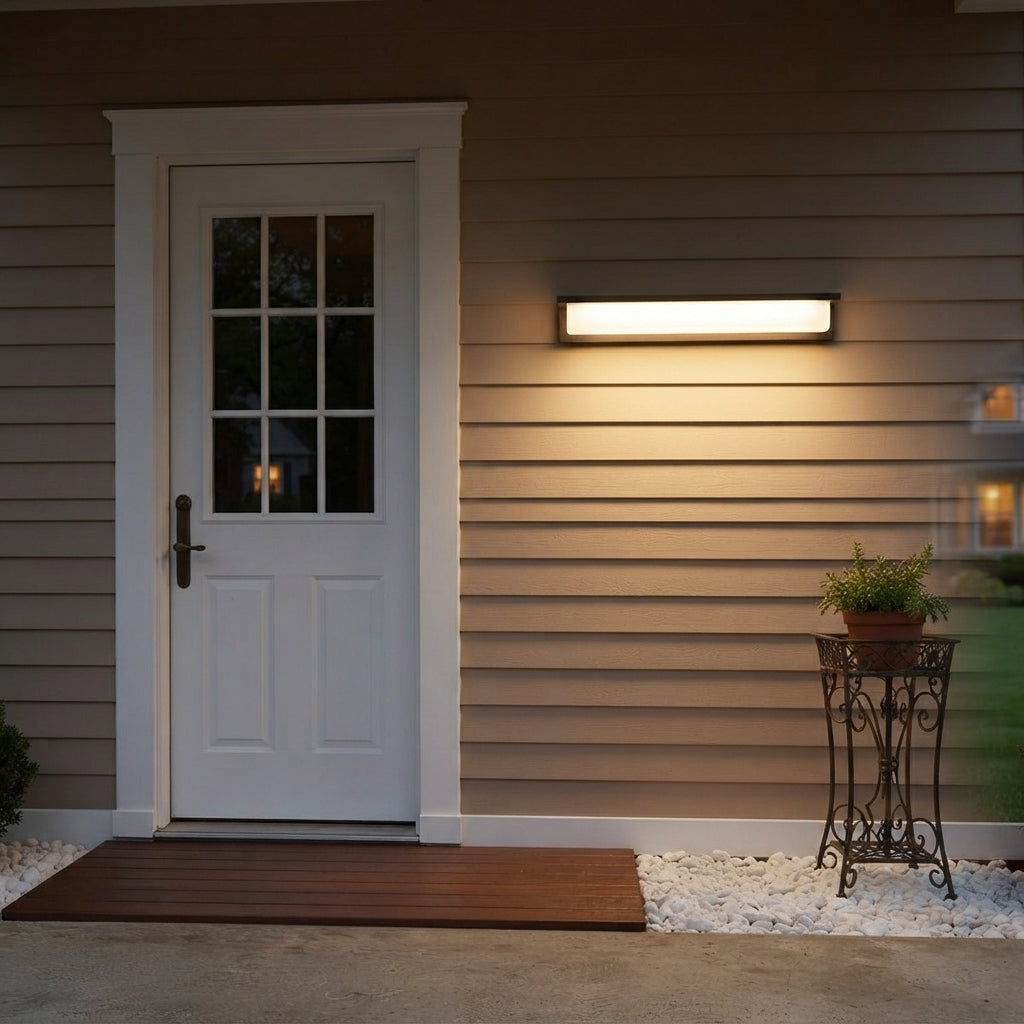Porch Modern Strip Wall Light - Black Industrial Bar with White or Recessed Lampshade, Solar or Hardwired, for Entryway, Garden and Patio