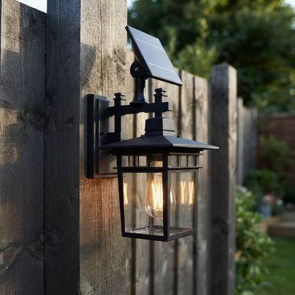 Porch Rustic Square Wall Light - Black Die-cast Aluminum and Glass Farmhouse Sconce, Solar or Hardwired, for Courtyard, Patio and Doorways