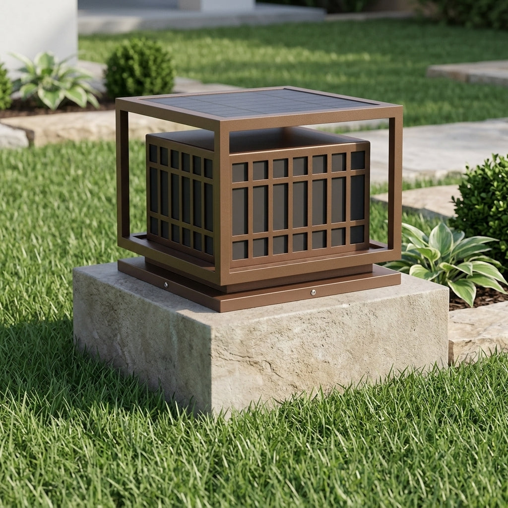 Deck Square Modern Post Light - Brown Stainless Steel and PC Lantern in 9 x 9 x 7 or 24 x 24 x 19 Inch Sizes, Solar or Hardwired Power