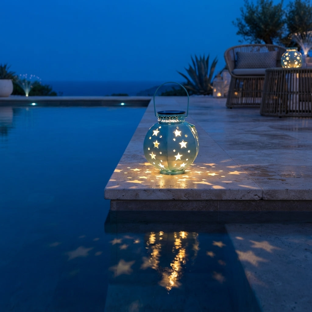 Star Projection Solar Lantern - Rustproof Iron Hanging Light with Warm White 3000K LED in Blue, White, Pink or Green for Porch and Garden
