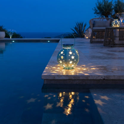 Star Projection Solar Lantern - Rustproof Iron Hanging Light with Warm White 3000K LED in Blue, White, Pink or Green for Porch and Garden