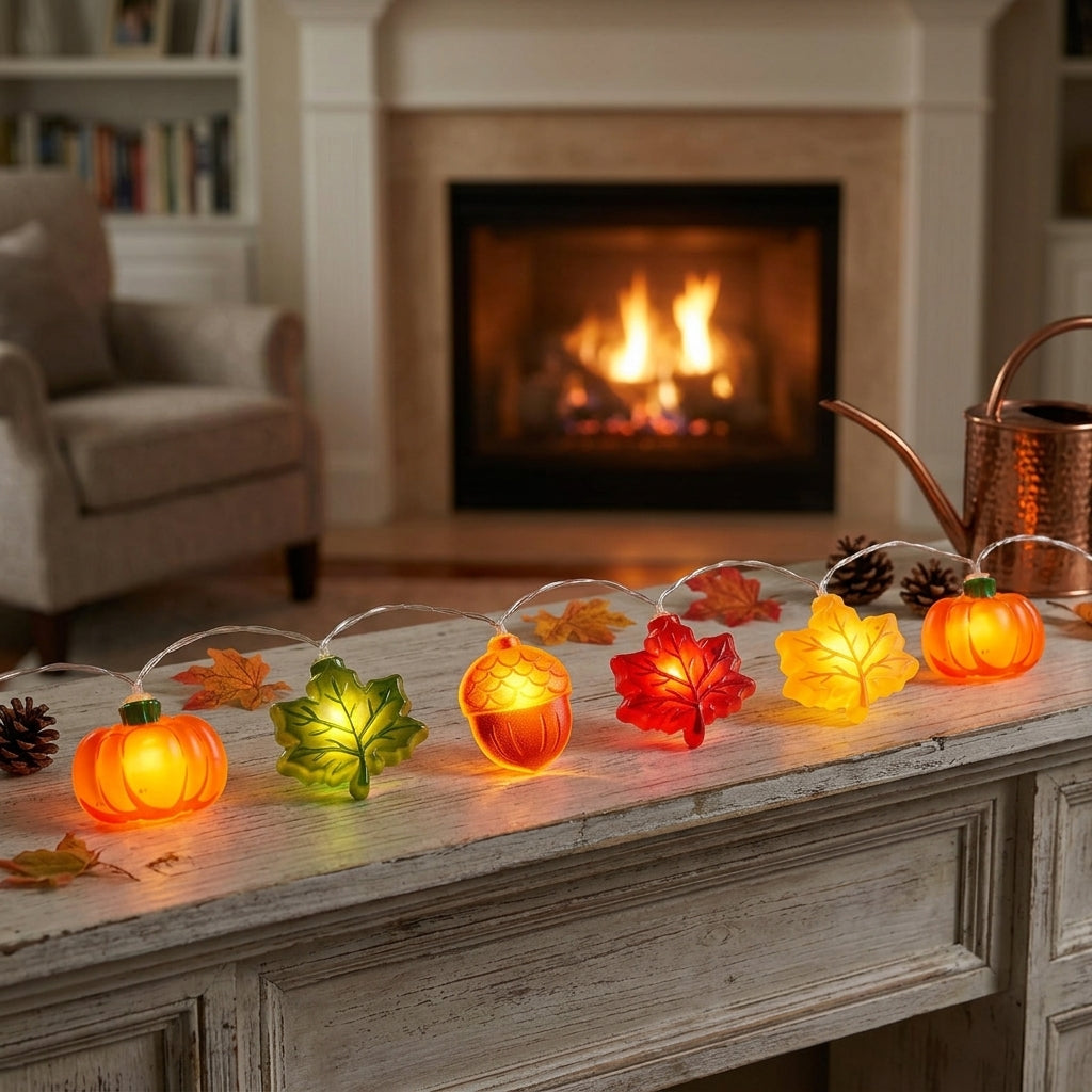 Pumpkin and Maple Leaf Halloween String Lights - Pumpkin, Acorn and Leaf Motifs in 10 or 20 LED Strands and Two Styles for Doorways and Bars