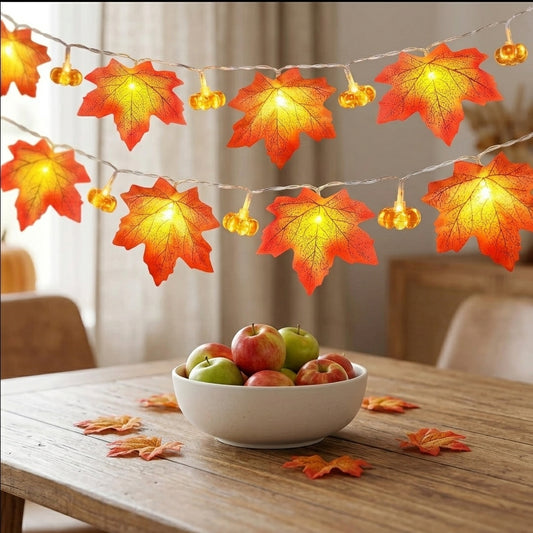 Pumpkin and Maple Leaf Autumn String Lights - Warm White Cool-Touch Strand in Two Lengths for Mantels, Windows, Table Runners and Doorways
