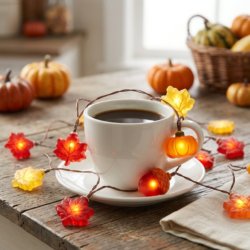 Pumpkin and Maple Leaf Halloween String Lights - Pumpkin, Acorn and Leaf Motifs in 10 or 20 LED Strands and Two Styles for Doorways and Bars