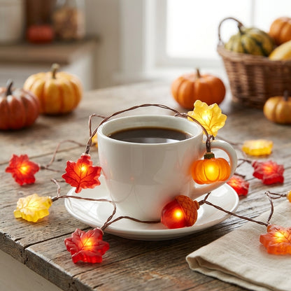 Pumpkin and Maple Leaf Halloween String Lights - Pumpkin, Acorn and Leaf Motifs in 10 or 20 LED Strands and Two Styles for Doorways and Bars