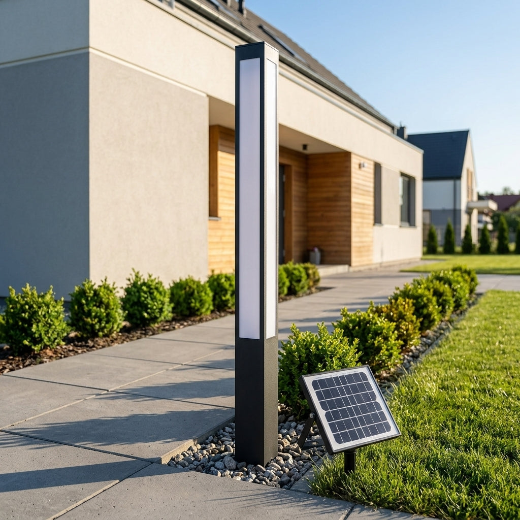 Modern Column Light - Industrial Aluminum and PC Pillar in 31, 59, 79 or 98 Inch Heights, Solar or Hardwired, for Courtyard Pathways