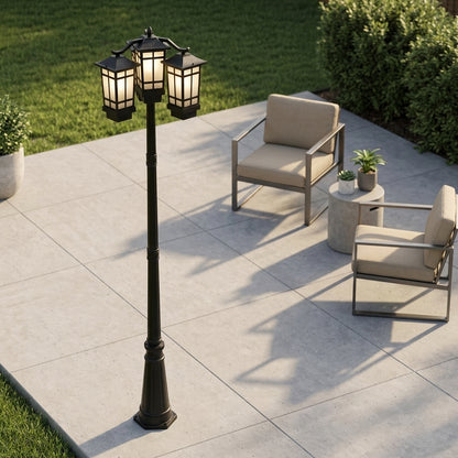 Pole Street Light - Industrial Die-cast Aluminum and Glass Lamp with 2-Light or 3-Light Heads, Solar or Hardwired, for Courtyard Pathways