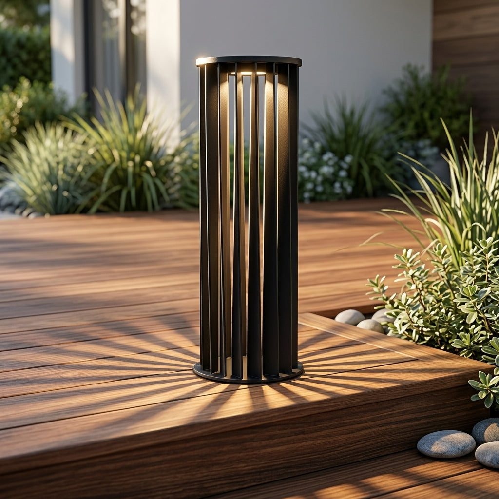 Pathway Cylindrical Landscape Light - Black Die-cast Aluminum and Acrylic Bollard in 15.7, 23.6 or 31.5 Inch Heights, Solar or Hardwired