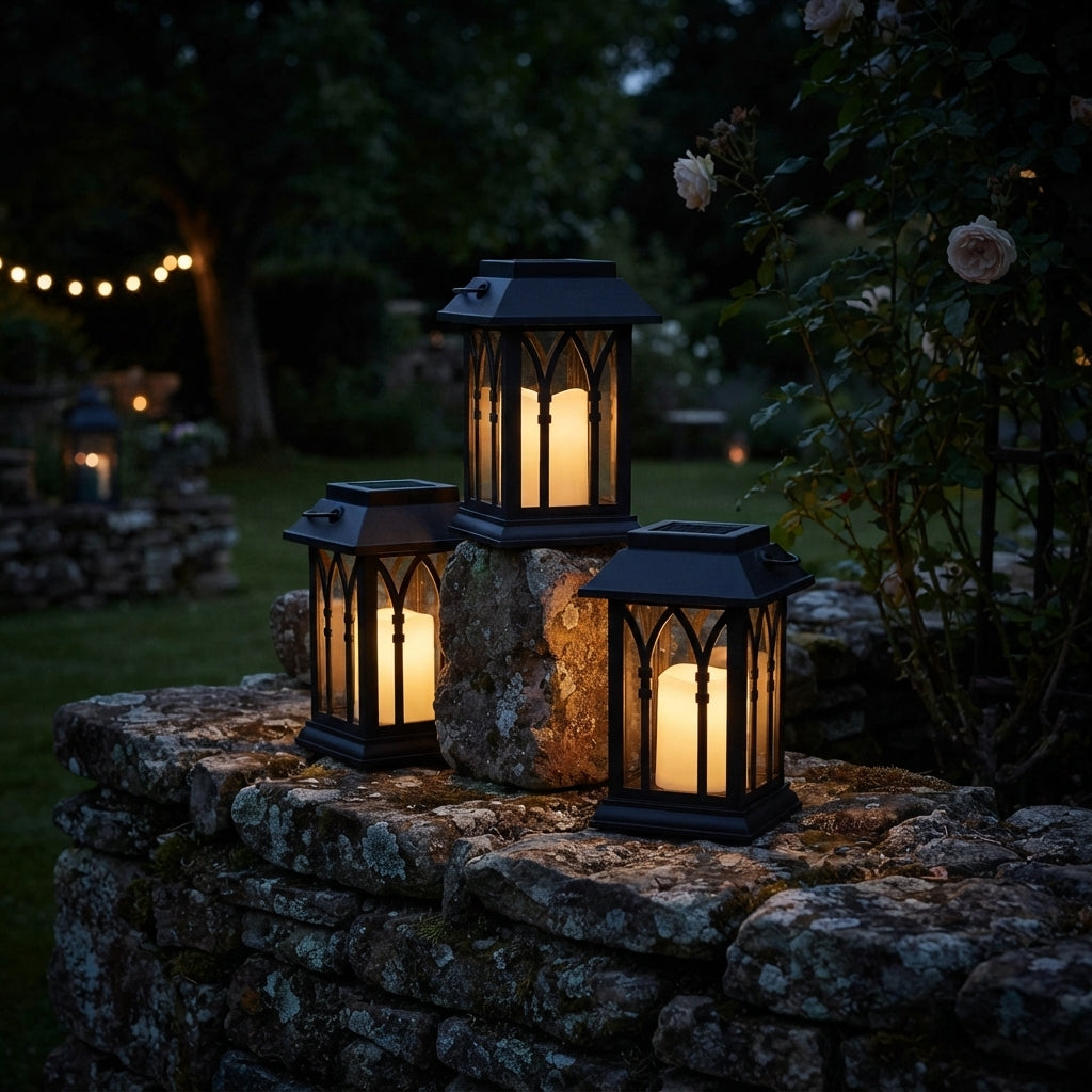 Candlestick Lantern - Black Solar Lantern in Horizontal Line or Grid Cut-Outs with Dusk Sensor, 3000K Warm White and IP54 Protection