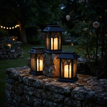 Candlestick Lantern - Black Solar Lantern in Horizontal Line or Grid Cut-Outs with Dusk Sensor, 3000K Warm White and IP54 Protection
