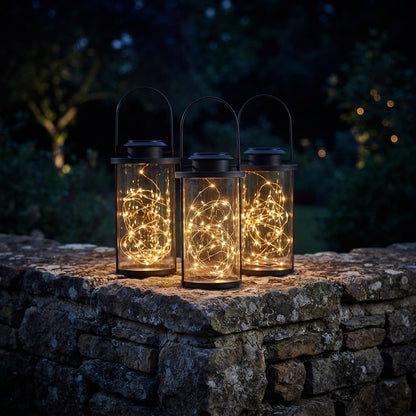 Portable Solar Lantern - Retro Clear Glass and Black Aluminum Jar Light with 50 Warm White LEDs and IP65 Rating for Courtyard and Lawn