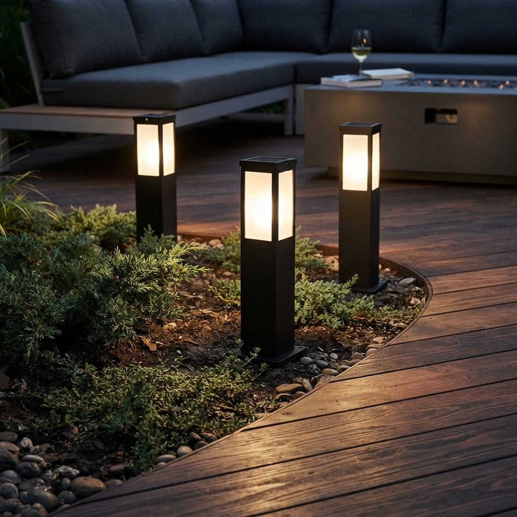 Post Square Modern Landscape Light - Black Iron and Acrylic Bollard Column in 17.7 and 23.6 Inch Heights for Industrial Courtyards