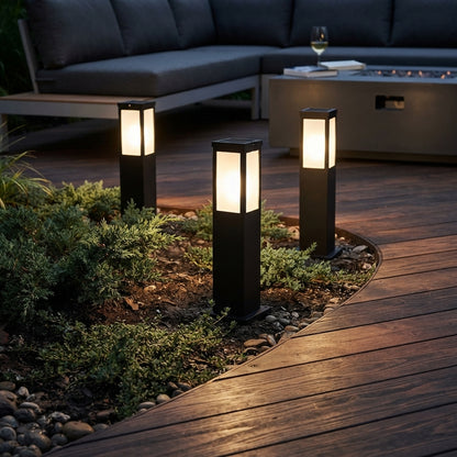 Post Square Modern Landscape Light - Black Iron and Acrylic Bollard Column in 17.7 and 23.6 Inch Heights for Industrial Courtyards
