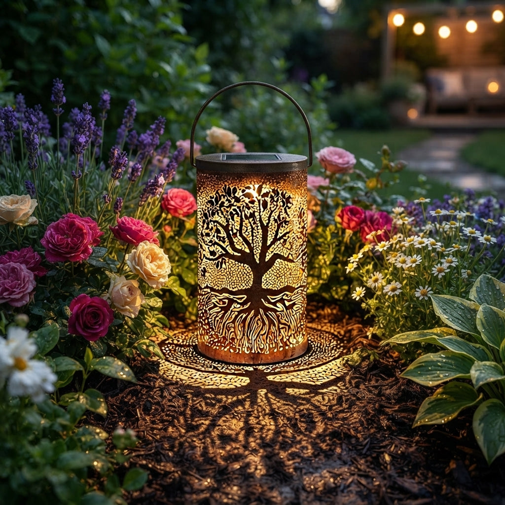 Tree of Life Lantern - Copper Finish Iron Solar Lantern with Tree Projection, 3000K Warm White and IP55 Rating in Two Portable Sizes