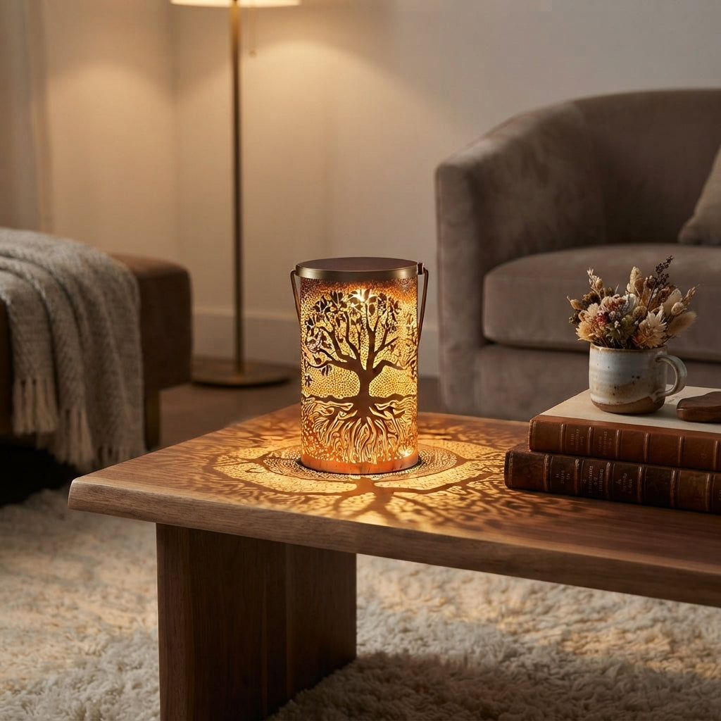 Tree of Life Lantern - Copper Finish Iron Solar Lantern with Tree Projection, 3000K Warm White and IP55 Rating in Two Portable Sizes