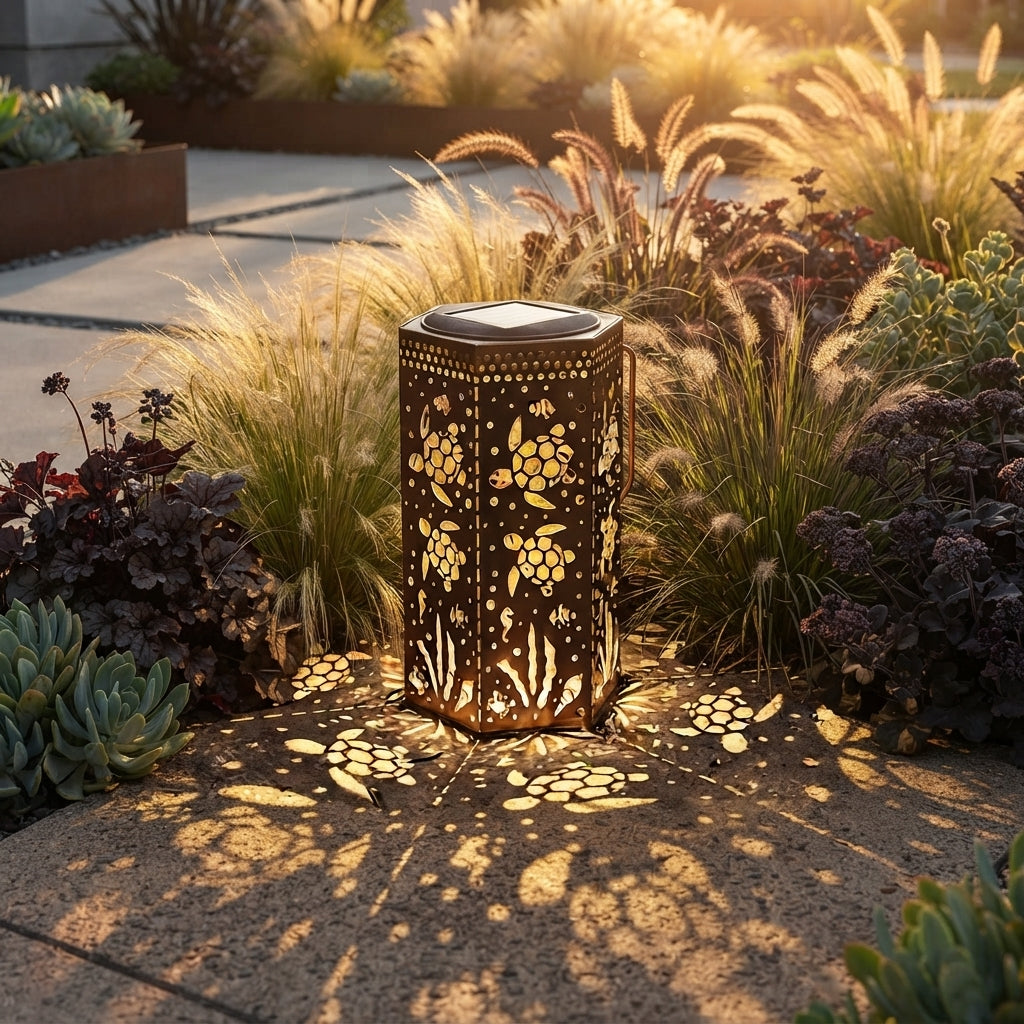 Red Outdoor Lantern - Copper Red Wrought Iron Hexagonal Solar Light with Butterfly, Hummingbird or Turtle Cut-Outs for Garden and Patio