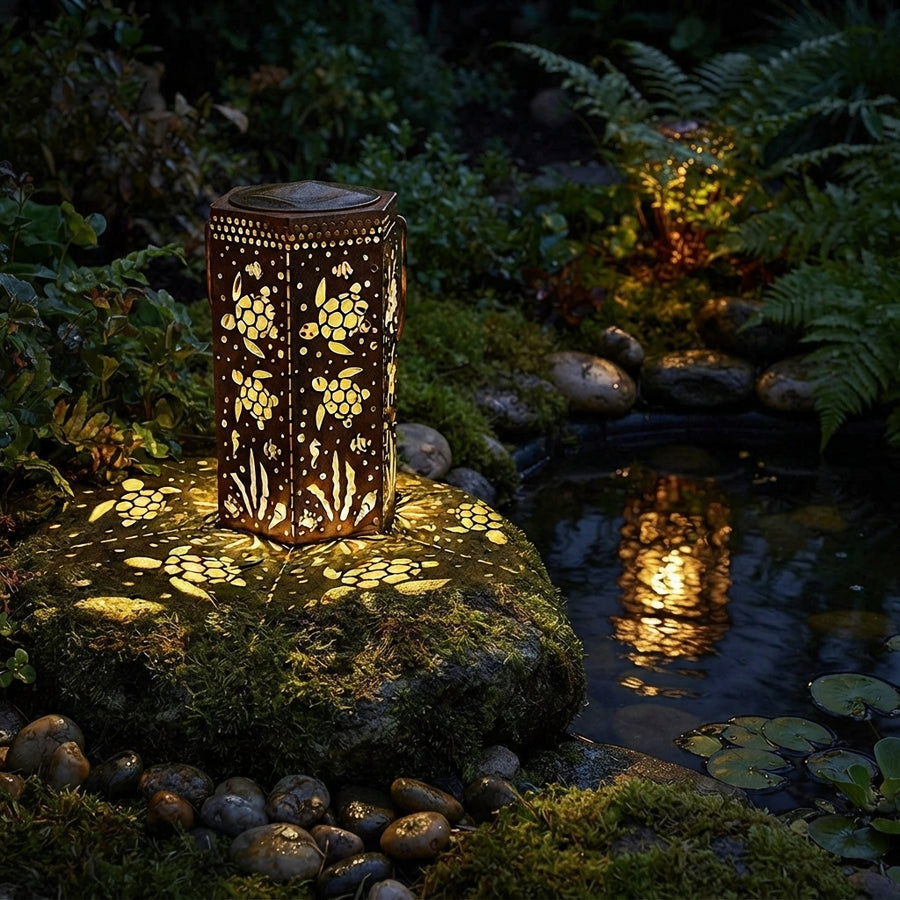 Red Outdoor Lantern - Copper Red Wrought Iron Hexagonal Solar Light with Butterfly, Hummingbird or Turtle Cut-Outs for Garden and Patio
