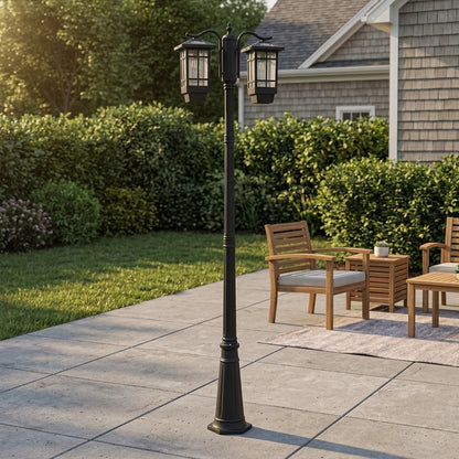 Pole Street Light - Industrial Die-cast Aluminum and Glass Lamp with 2-Light or 3-Light Heads, Solar or Hardwired, for Courtyard Pathways