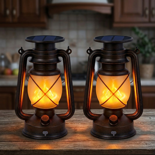 Vintage Bronze Solar Flame Lanterns - Traditional Bronze Tone Lanterns with Carry Handle in 1 or 2 Packs for Porch Steps and Patios