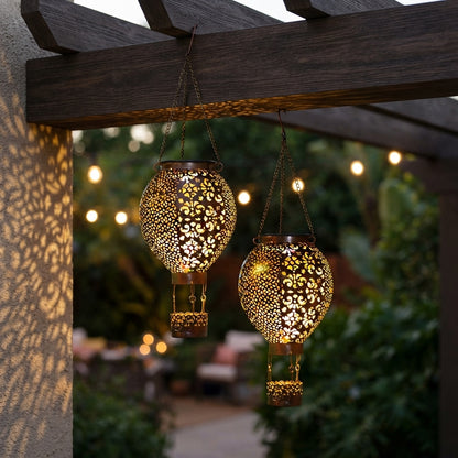 Hot Air Balloon Solar Lantern - Bronze Cast Iron Openwork Lantern, 5.9 by 17.7 Inches, 3000K Warm White with Chain Hook, IP44 Rated