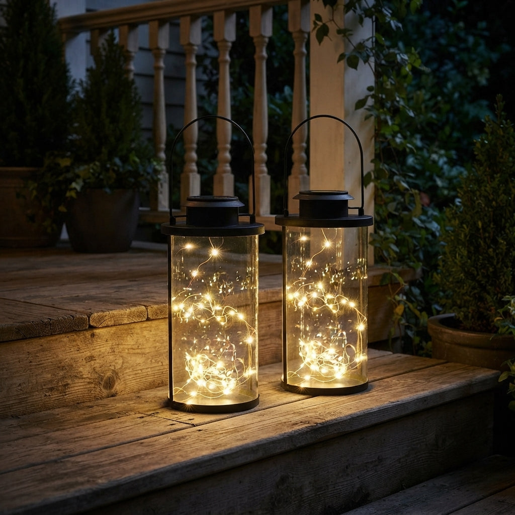 Portable Solar Lantern - Retro Clear Glass and Black Aluminum Jar Light with 50 Warm White LEDs and IP65 Rating for Courtyard and Lawn