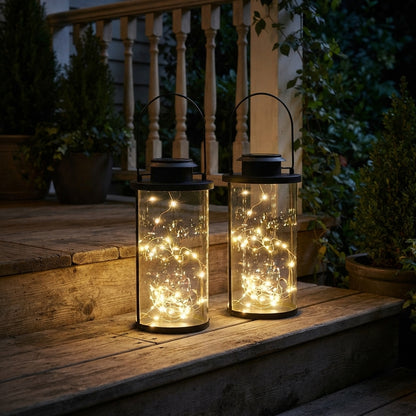 Portable Solar Lantern - Retro Clear Glass and Black Aluminum Jar Light with 50 Warm White LEDs and IP65 Rating for Courtyard and Lawn