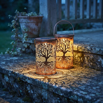 Tree of Life Lantern - Copper Finish Iron Solar Lantern with Tree Projection, 3000K Warm White and IP55 Rating in Two Portable Sizes