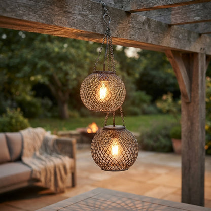 Outdoor Hanging Lantern - Rustic Iron and ABS Solar Light in Round or Oval Shapes with 2700K Warm White, IP44 Rating and Hanging Chain