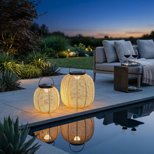 Outdoor Solar Lantern - Beige Iron and Imitation Wicker Light with 7W Warm White 3000K LED and IP65 Rating in Two Sizes for Courtyards