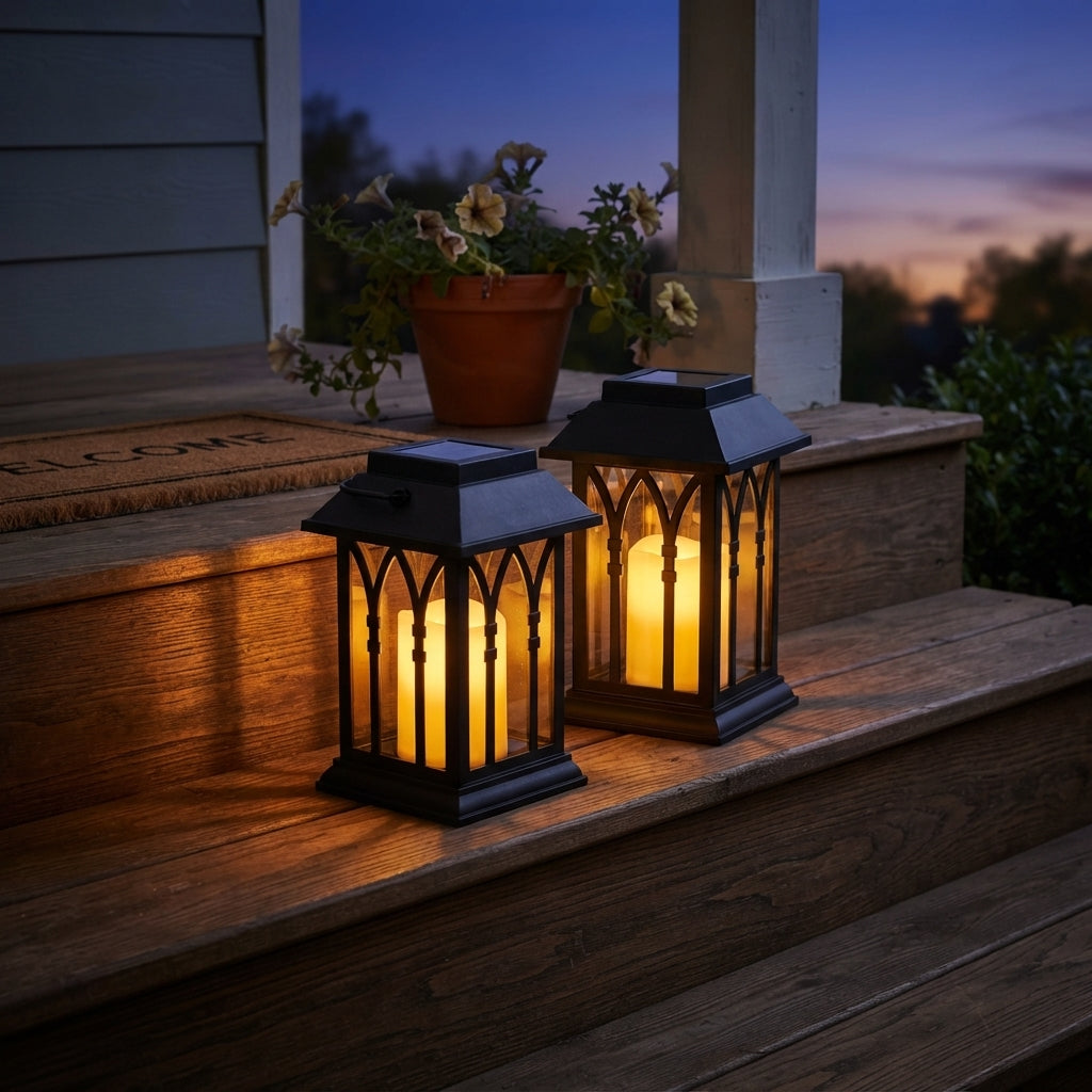 Candlestick Lantern - Black Solar Lantern in Horizontal Line or Grid Cut-Outs with Dusk Sensor, 3000K Warm White and IP54 Protection