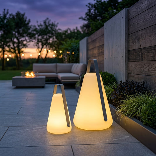 Portable LED Lantern - Aluminum and Acrylic 5W Warm Light with USB or Solar Charging in 13 and 21.7 Inch Heights for Lawns and Garden Paths