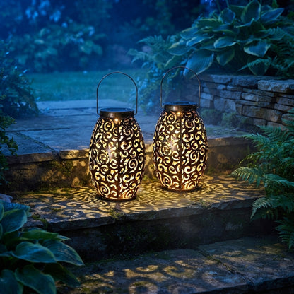 Hollow Outdoor Solar Light - Retro Red Copper Finish Iron Lantern with Dusk to Dawn Sensing and Carry Handle for Garden Paths and Camping