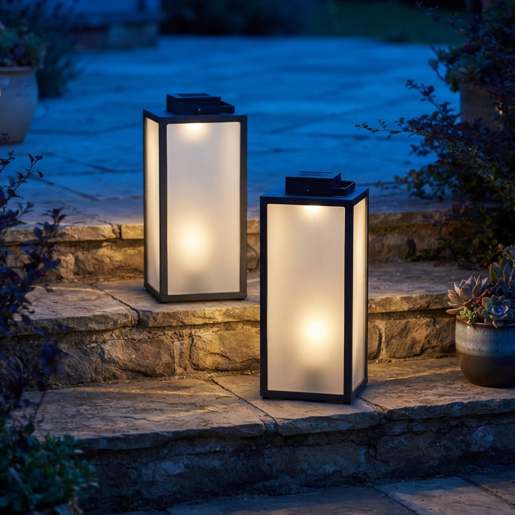Square Handheld Lantern - Stainless Steel and PC Lawn Lantern in 15.7 or 25.6 Inch Heights with Hardwired, Battery or Solar Power, IP65