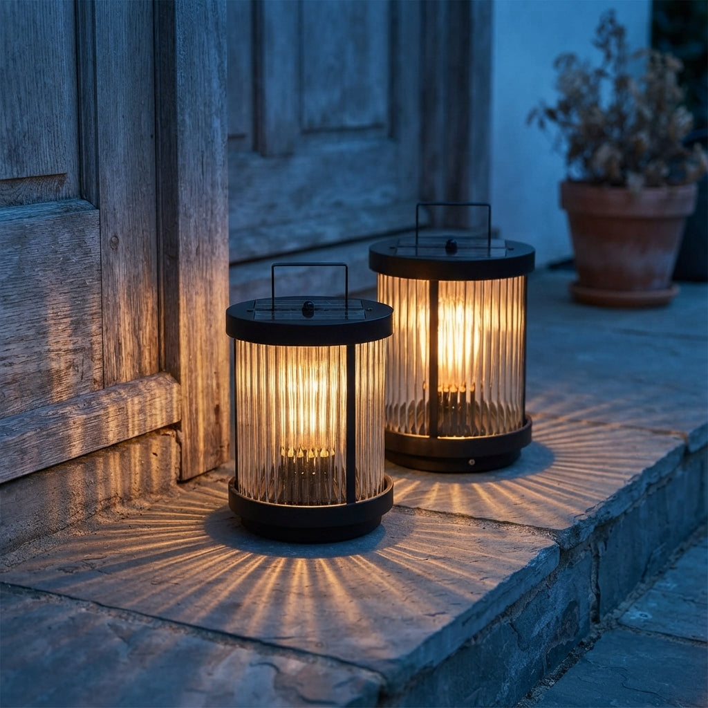 Outdoor Solar Lantern - Striped Glass Cylinder with Stainless Steel Handle in 8 and 12 Inch Widths, Solar or Hardwired, IP54 Rated