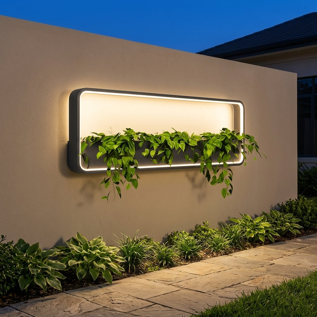 Plant Wall Light - Black Stainless Steel Solar or Hardwired Sconce in Square, Rectangular, Hexagon and Round from 15.75 to 33.46 Inches