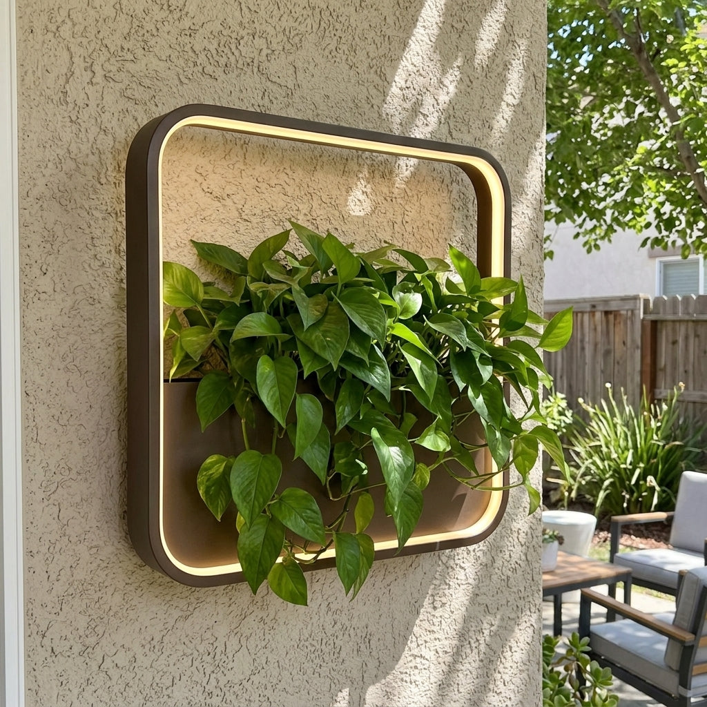 Plant Wall Light - Black Stainless Steel Solar or Hardwired Sconce in Square, Rectangular, Hexagon and Round from 15.75 to 33.46 Inches