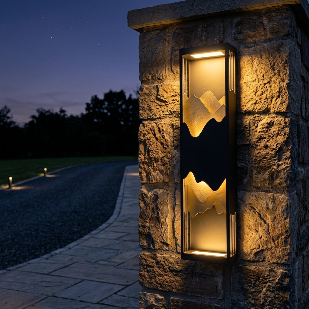 Sconce Mountain Wall Light - Black Stainless Steel 26 Inch One-Way or 39 Inch Two-Way Lamp with Integrated or External Solar for Courtyards