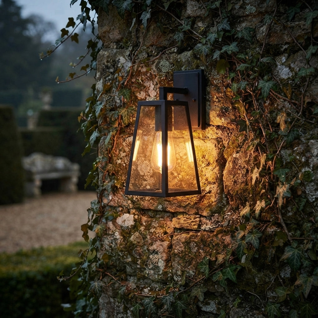 Porch Rustic Trapezoid Wall Light - Black Die-Cast Aluminum and Glass Farmhouse Sconce, Solar or Hardwired, Single to 8-Pack for Porches