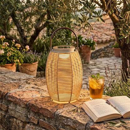 Woven Rattan Lantern - Portable Solar Light with Tempered Glass Panel and Carry Handle in 7 or 10 Inch Diameters for Garden and Patio