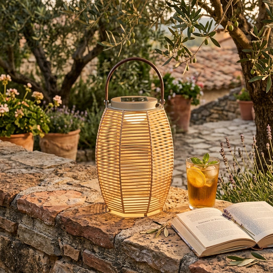 Woven Rattan Lantern - Portable Solar Light with Tempered Glass Panel and Carry Handle in 7 or 10 Inch Diameters for Garden and Patio