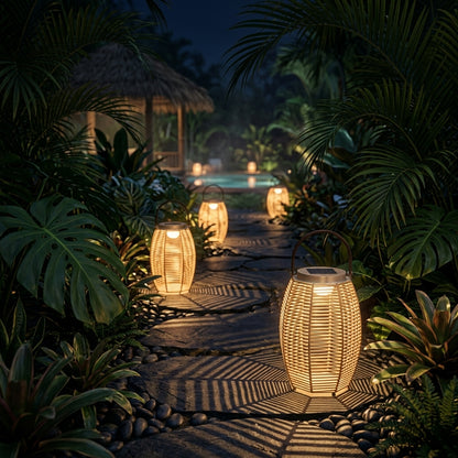 Woven Rattan Lantern - Portable Solar Light with Tempered Glass Panel and Carry Handle in 7 or 10 Inch Diameters for Garden and Patio