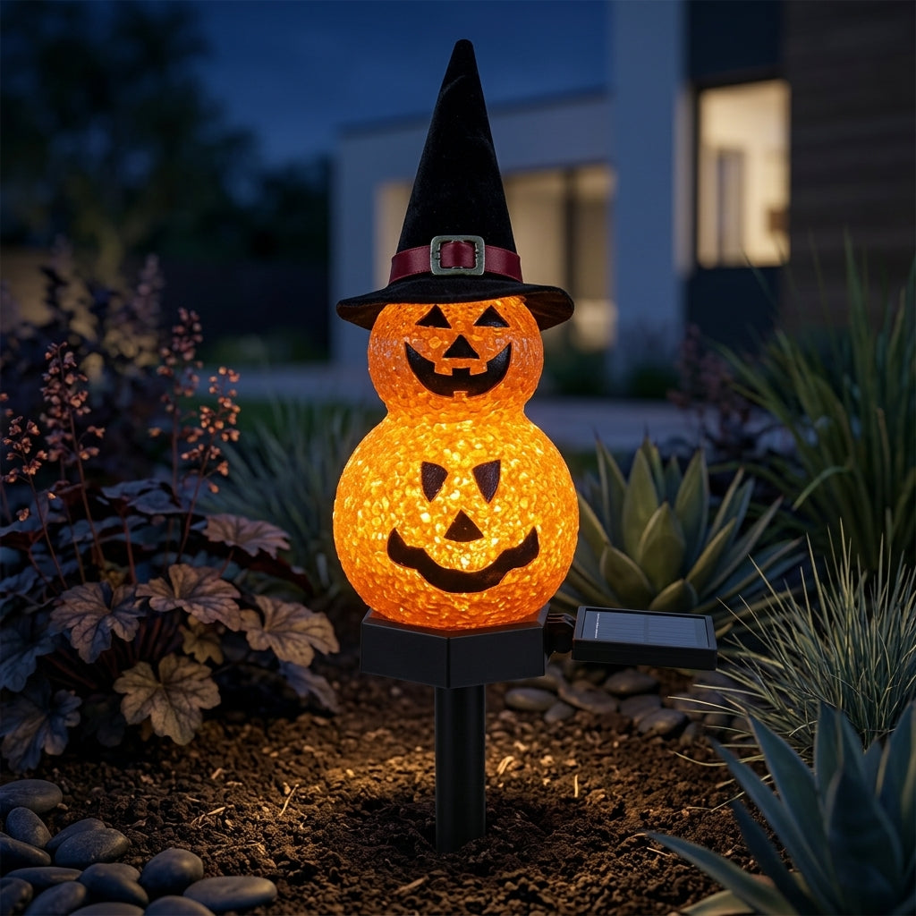 Pumpkin Witch Hat Solar Stake Lights - Warm Glowing Halloween Stakes with Automatic Dusk Operation for Paths, Lawns and Borders