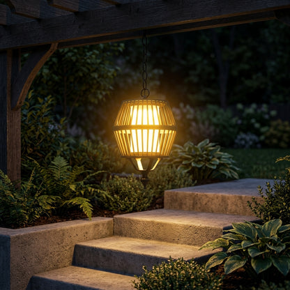 Ceiling Lantern Pendant Light - Black Aluminum Hanging Fixture with Solar or Hardwired Power and Warm, Cool or Colorful Glow for Patios