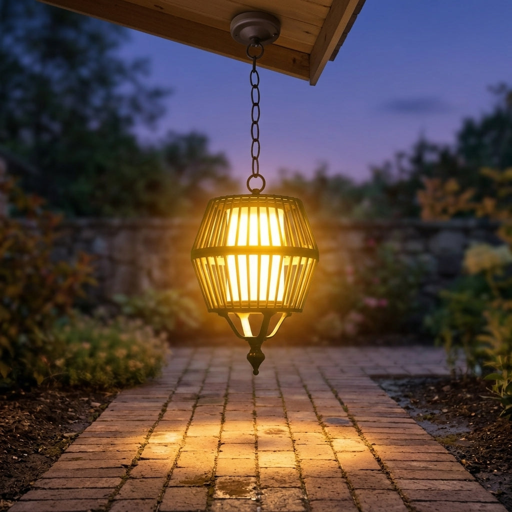 Ceiling Lantern Pendant Light - Black Aluminum Hanging Fixture with Solar or Hardwired Power and Warm, Cool or Colorful Glow for Patios